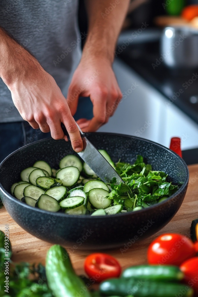 A man cutting cucumbers and leafy greens for a healthy dish. A man cutting cucumbers and leafy greens for a healthy dish.