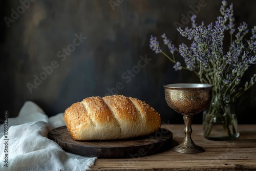 Rustic bread and chalice on wooden table symbolizing sacrament and communion rituals