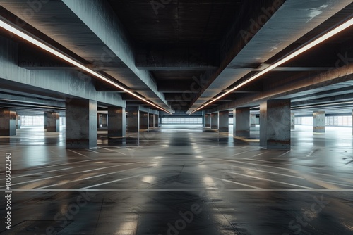 A vast, modern, empty parking garage with concrete pillars supporting the ceiling. Lights are on, illuminating the gray floor and reflecting off of drainage grates.