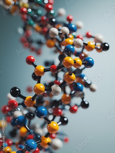 Colorful representation of DNA molecule in a ball-and-stick model. Ideal for educational materials or scientific illustrations.