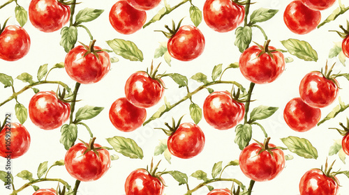 Seamless pattern of vibrant watercolor tomatoes on the vine highlighting their rich red hues and natural beauty ideal for culinary and gardening design projects