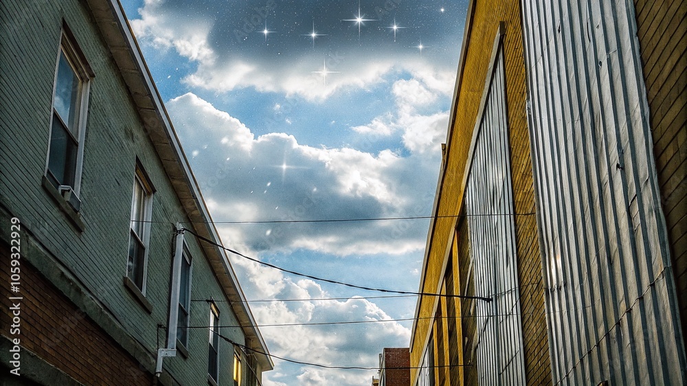 Fototapeta premium Empty Pop Art Comic Background with Clouds and Stars for Creative Projects