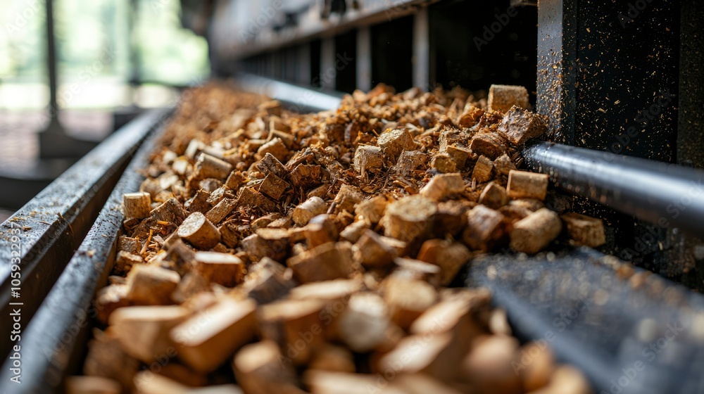 Close-up of a Conveyor Belt Carrying Wood Chips and Blocks Close-up of a Conveyor Belt Carrying Wood Chips and Blocks