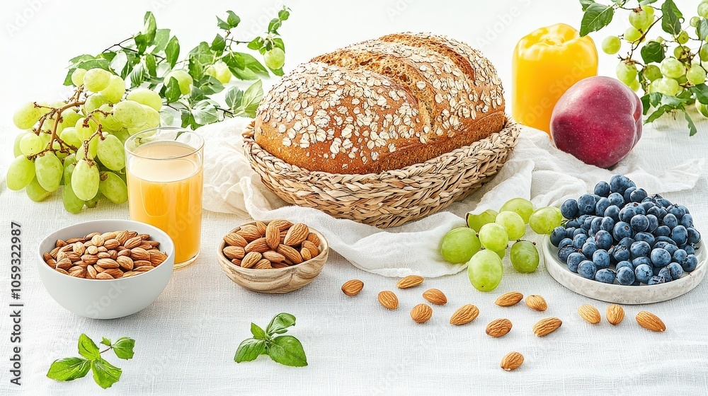 A rustic multigrain bread displayed in a woven basket, surrounded by fresh fruits and nuts, creating a wholesome breakfast spread on a natural linen tablecloth. A rustic multigrain bread displayed in a woven basket, surrounded by fresh fruits and nuts, creating a wholesome breakfast spread on a natural linen tablecloth.