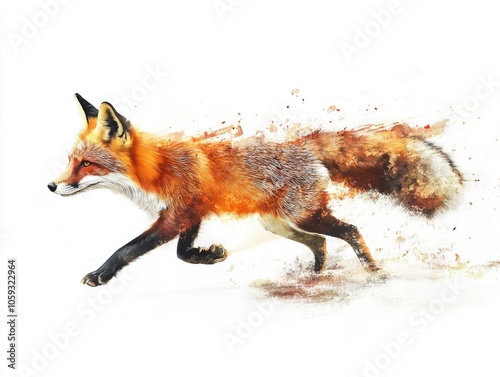 A red fox in motion, captured in a blur of speed against a white background. photo