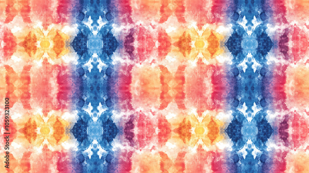 Traditional tie dye pattern featuring rustic watercolor elements and a kaleidoscope design perfect for fashion and textile applications