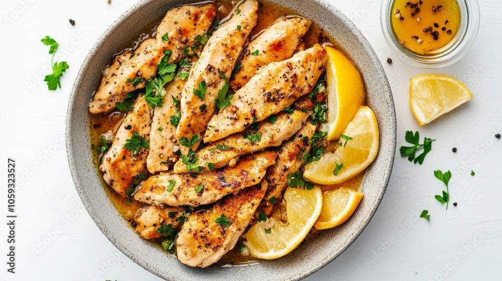 Aerial view of delicious chicken piccata on a pristine white background. Aerial view of delicious chicken piccata on a pristine white background.
