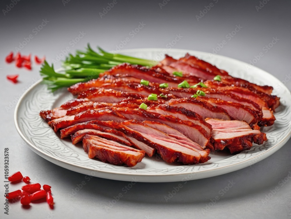 Sliced Char Siu on White Plate with Simple Garnish on Light Background