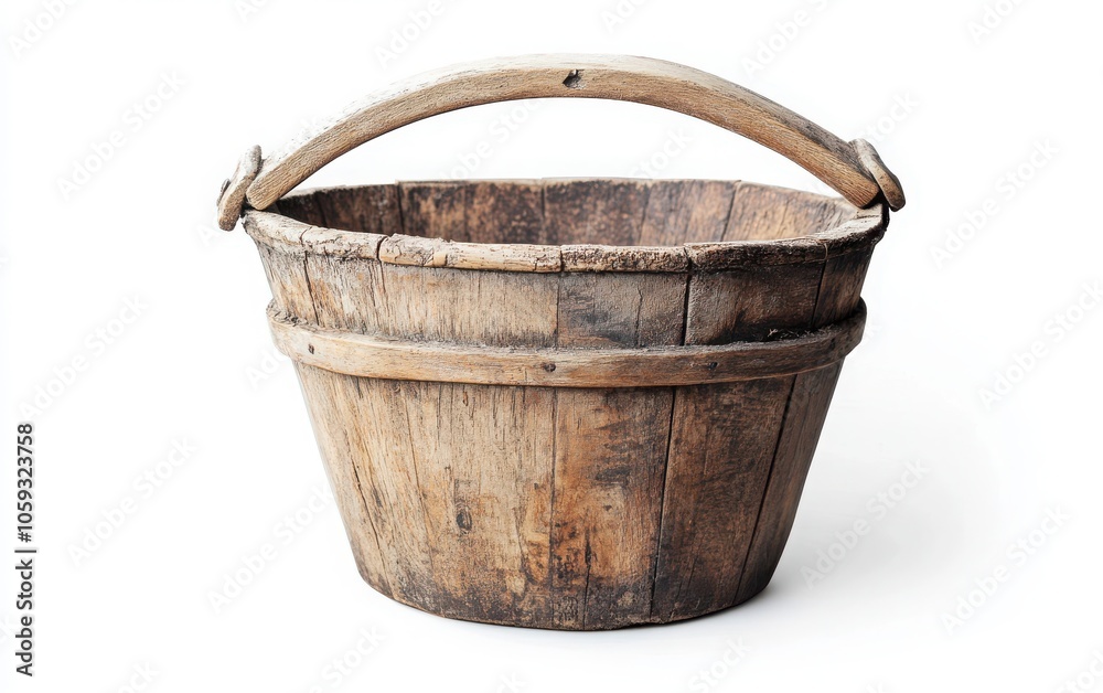 A rustic wooden bucket with a sturdy handle, isolated against a clean white background; the natural grain of the wood and the simplicity of the design create a charming image A rustic wooden bucket with a sturdy handle, isolated against a clean white background; the natural grain of the wood and the simplicity of the design create a charming image