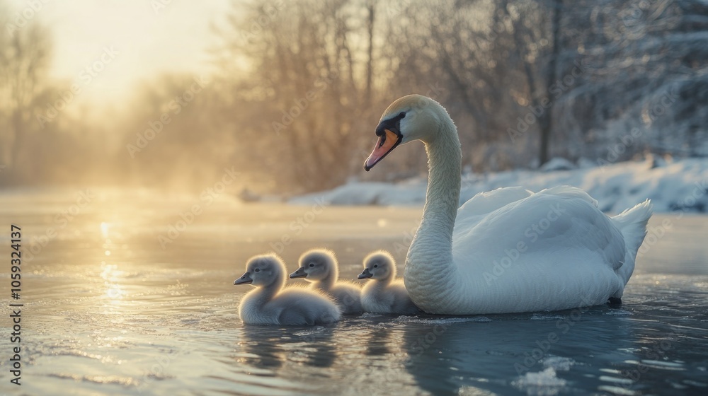 Fototapeta premium A family of swans swimming in a still river during dusk. A mother swan with her two cygnets beside her.