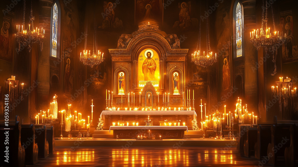Obraz premium vibrant Epiphany church altar decorated with gold, icons, and lit candles, warm light glowing across the altar, creating a reverent and spiritual mood