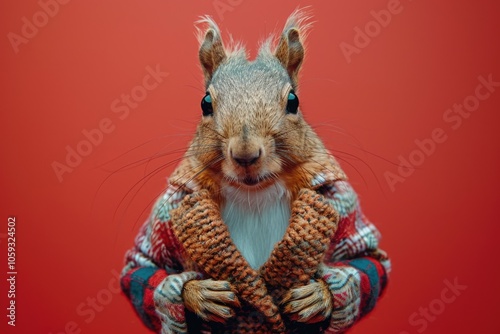 Squirrel in a red sweater, posing adorably for the camera against a red background. photo