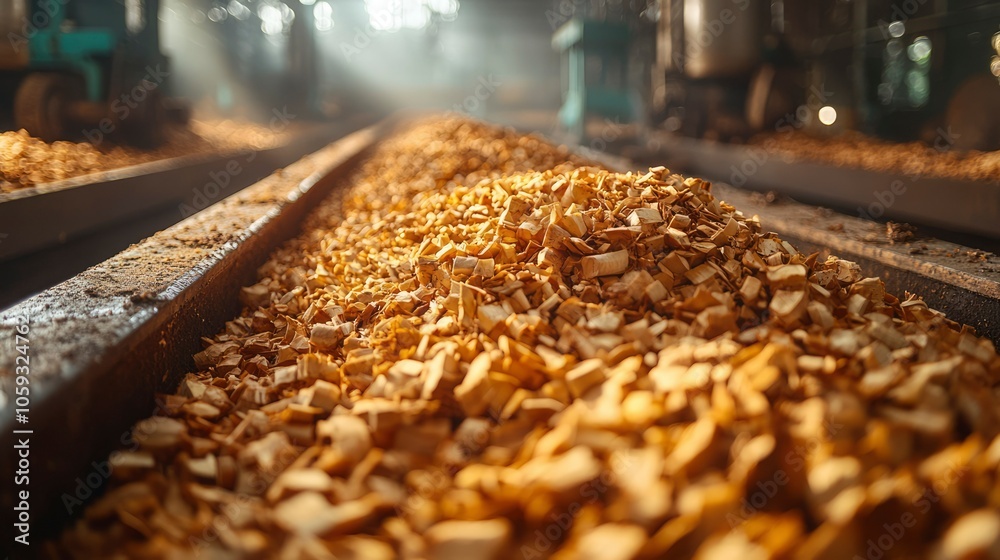 Close-up of Wood Chips on a Conveyor Belt in a Mill Close-up of Wood Chips on a Conveyor Belt in a Mill