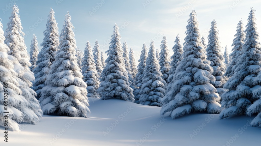 Naklejka premium Dense forest of snow-covered evergreen trees under a clear sky