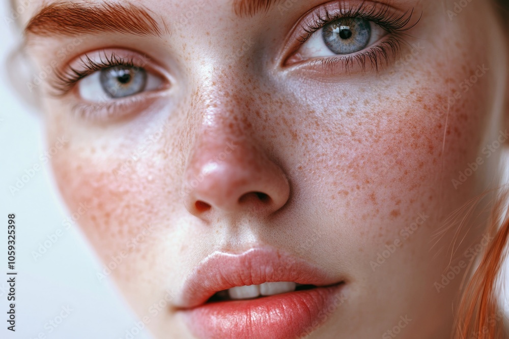 Portrait of a model with natural beauty and prominent freckles, showcasing skin texture and the delicate nature of her fairy tale-like appearance. Portrait of a model with natural beauty and prominent freckles, showcasing skin texture and the delicate nature of her fairy tale-like appearance.