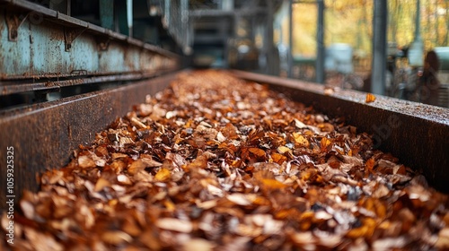 Rusty Conveyor Belt Overflowing with Dried Leaves