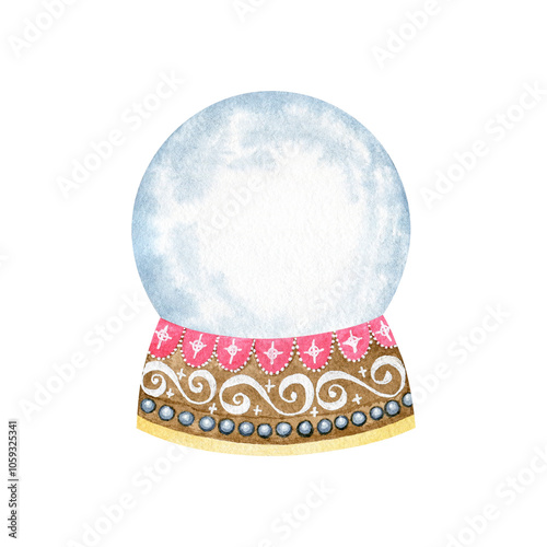 Christmas and New year watercolor hand drawn png decoration: snow globe. Element for design pattern, invitation, textile, card, scrapbook. One object isolated on transparent. 
