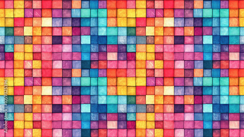 Vibrant seamless pattern of colorful pixelated mosaic tiles in a chequered grid design perfect for textile and graphic applications texture background