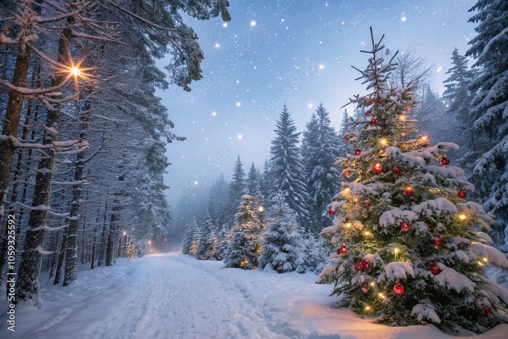 Naklejka premium Enchanting Merry Christmas Winter Forest with Magical Decorations and Snowfall