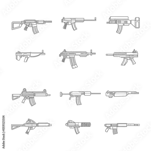 A collection of 12 different types of rifles drawn in grey outlines
