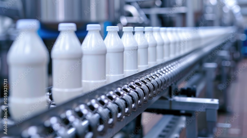 Industrial setting with rows of milk bottles being processed on a factory line. Industrial setting with rows of milk bottles being processed on a factory line.
