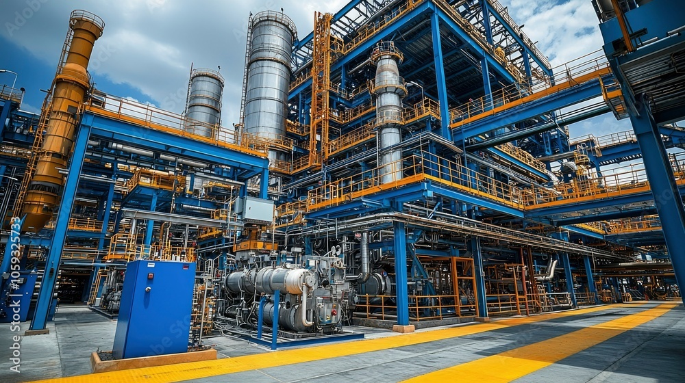 Industrial Plant with Blue and Yellow Structural Supports