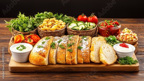 An elegant arrangement of rustic multigrain bread on a rustic table, accompanied by a variety of toppings such as fresh vegetables and dips, emphasizing healthy eating.