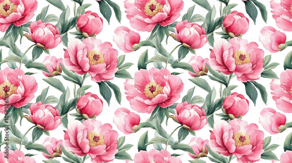 Obraz premium Seamless watercolor pattern of hand painted peonies in a summertime garden perfect for wedding invitations textiles and home decor