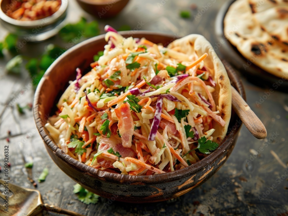 Vegetarian dish featuring a refreshing cilantro and carrot saldus with tortilla. Vegetarian dish featuring a refreshing cilantro and carrot saldus with tortilla.