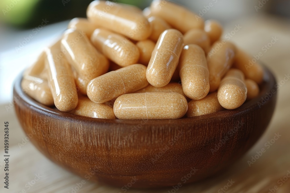 A Close-Up View of Beige Capsules in a Wooden Bowl A Close-Up View of Beige Capsules in a Wooden Bowl