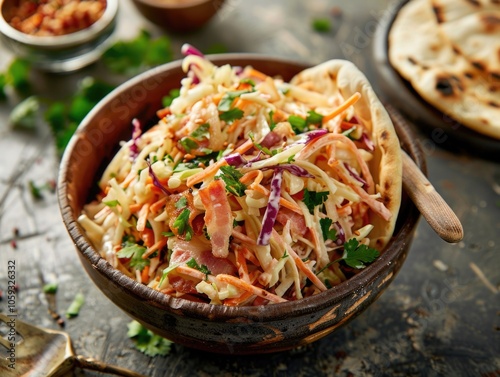 Vegetarian dish featuring a refreshing cilantro and carrot saldus with tortilla. photo