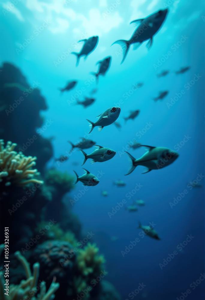 Peces nadando cerca de un arrecife de coral en aguas azules profundas del océano. Peces nadando cerca de un arrecife de coral en aguas azules profundas del océano.