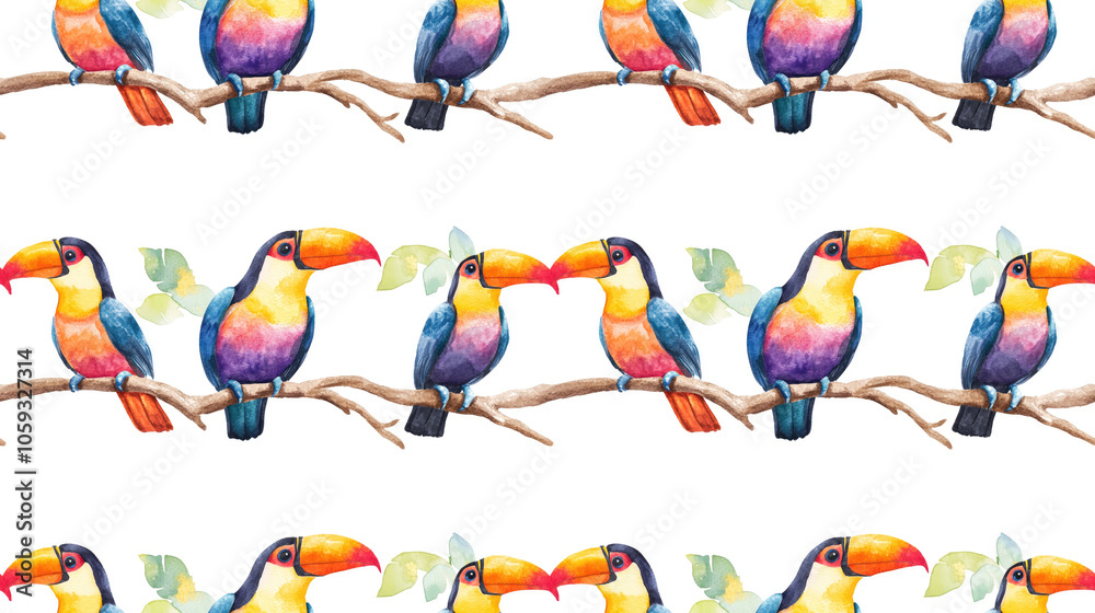 Fototapeta premium Seamless pattern of colorful watercolor toucans perched on branches against a white background adorable hand drawn illustration for children s wallpaper and textile design