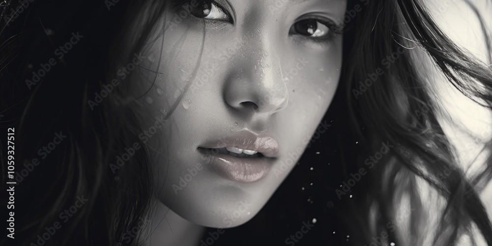 Fototapeta premium A close-up portrait of a woman's face with an abstract digital effect applied. The image features vibrant colors and a pixelated design, highlighting the beauty and contemporary fashion trends.