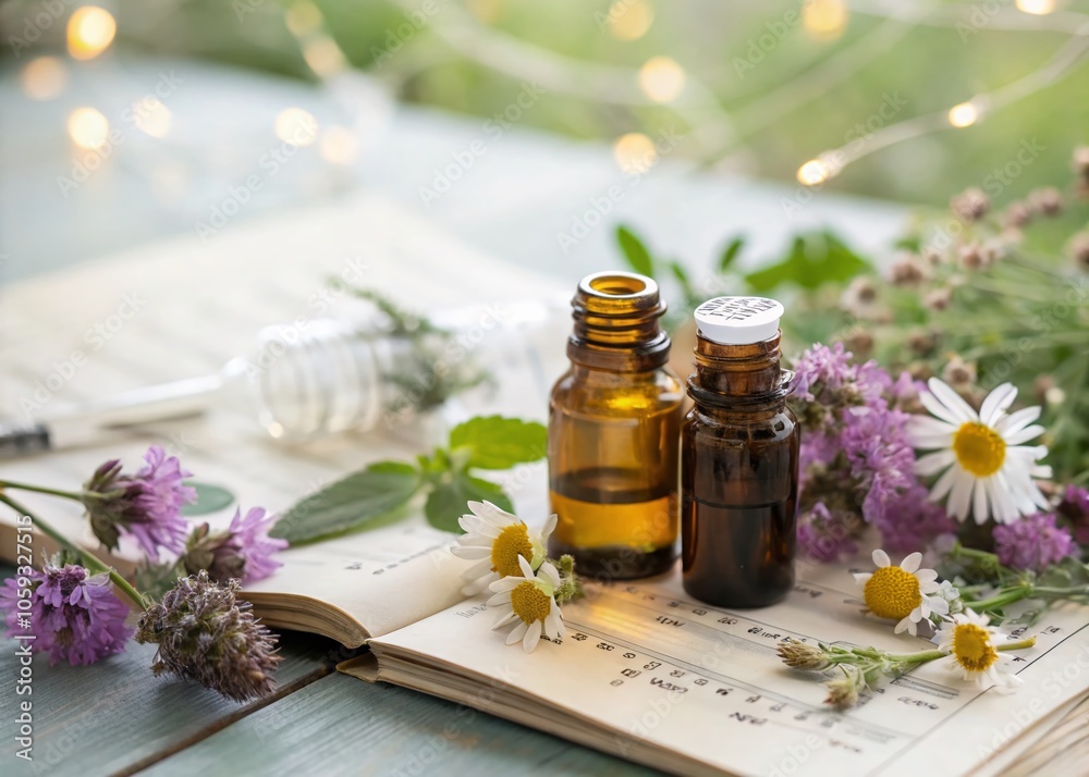 Essential Oils and Herbal Flowers on Science Sheet - Bokeh Effect for Aromatherapy Imagery Essential Oils and Herbal Flowers on Science Sheet - Bokeh Effect for Aromatherapy Imagery
