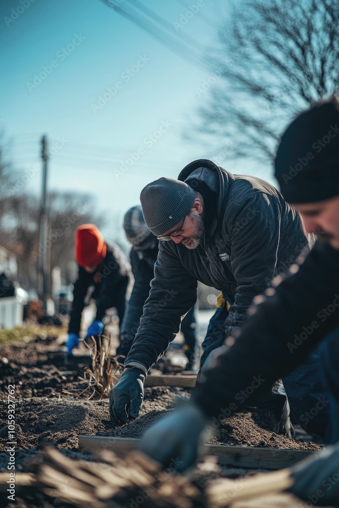 Group of men working in a park or garden area, engaging in physical labor such as planting trees and landscaping.