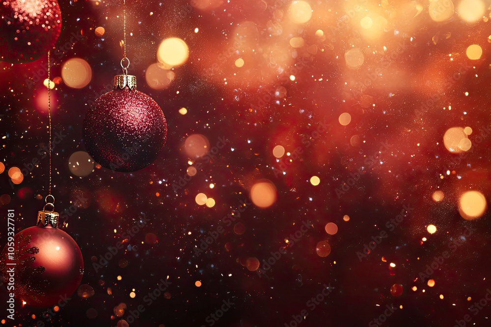 Christmas or New Year Festive red background with Christmas balls and lights with generative ai Christmas or New Year Festive red background with Christmas balls and lights with generative ai