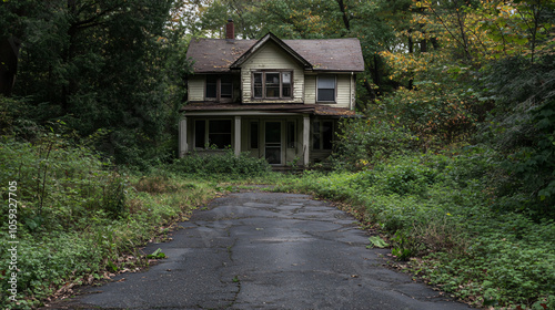 An eerie driveway to a house long since abandoned, overgrown with weeds.