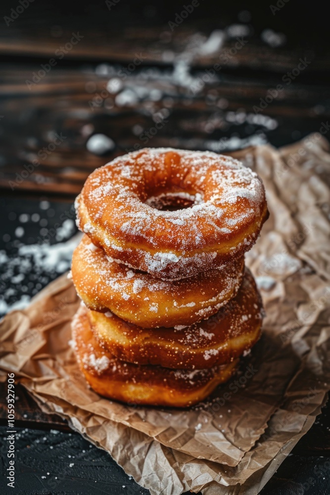 Close-up of three sugar-dusted donuts stacked on a paper bag, inviting a sweet indulgence. Close-up of three sugar-dusted donuts stacked on a paper bag, inviting a sweet indulgence.