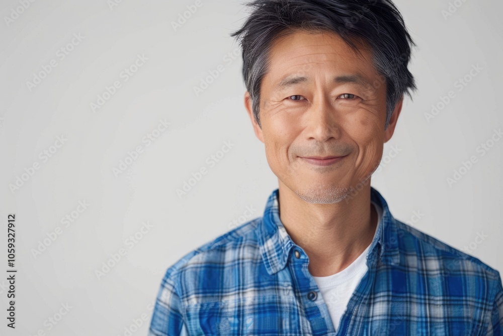 Close up portrait of smiling Asian man in blue plaid shirt. Close up portrait of smiling Asian man in blue plaid shirt.
