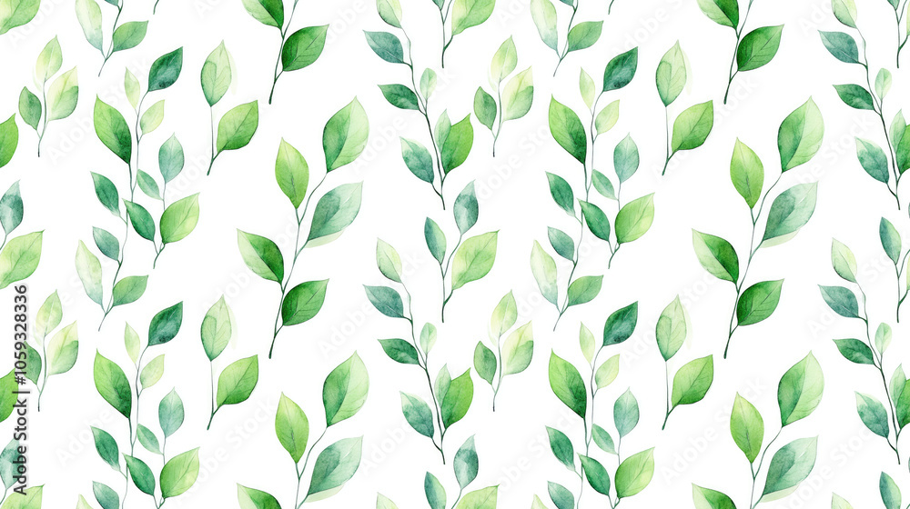 Watercolor seamless pattern featuring delicate green twigs and leaves on a crisp white background perfect for fabric design and home decor Watercolor seamless pattern featuring delicate green twigs and leaves on a crisp white background perfect for fabric design and home decor
