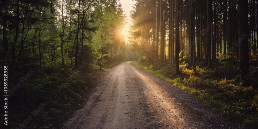 A dirt road surrounded by trees leading to a sunset or sunrise. A dirt road surrounded by trees leading to a sunset or sunrise.