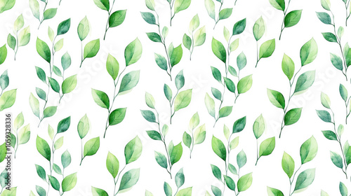 Watercolor seamless pattern featuring delicate green twigs and leaves on a crisp white background perfect for fabric design and home decor