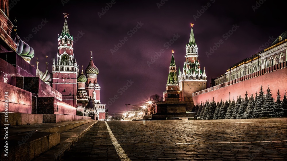 Evening View of Red Square with Moscow Kremlin, Lenin's Mausoleum, and St. Basil's Cathedral - Iconic Sights of Evening View of Red Square with Moscow Kremlin, Lenin's Mausoleum, and St. Basil's Cathedral - Iconic Sights of