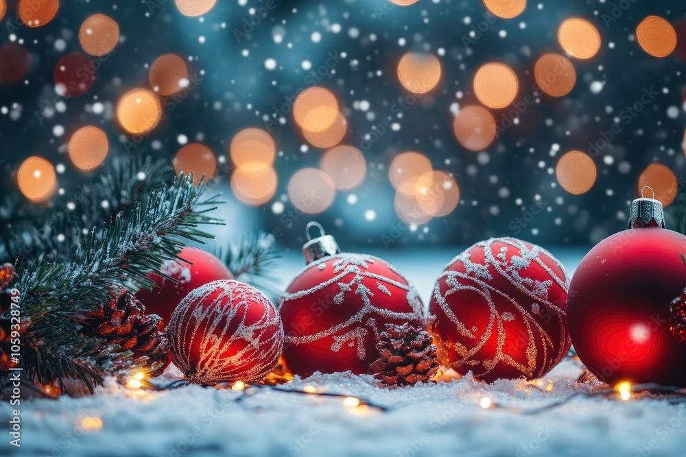 Christmas or New Year Festive red background with Christmas balls and lights with generative ai Christmas or New Year Festive red background with Christmas balls and lights with generative ai