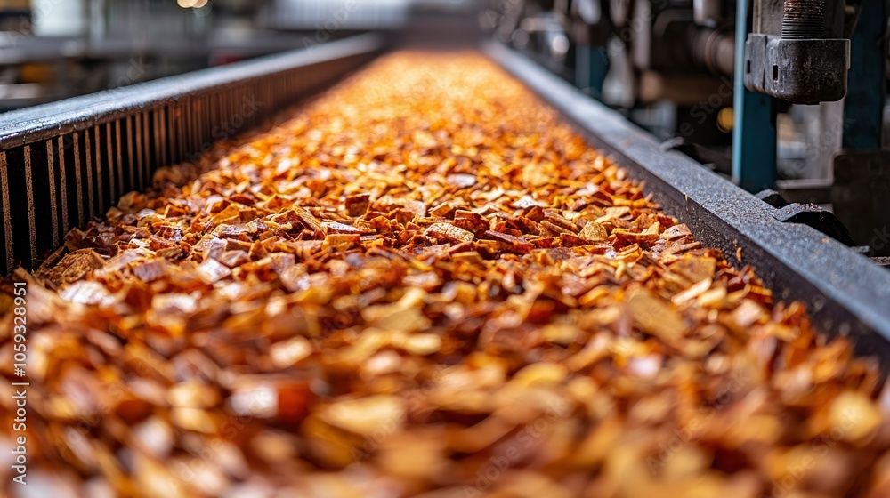 Wood Chips Conveying on a Metal Conveyor Belt Wood Chips Conveying on a Metal Conveyor Belt