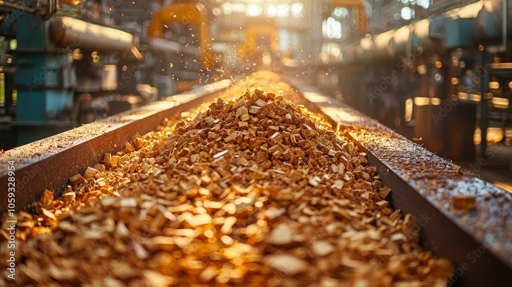 Close-up of Wood Chips on a Conveyor Belt in a Factory Close-up of Wood Chips on a Conveyor Belt in a Factory
