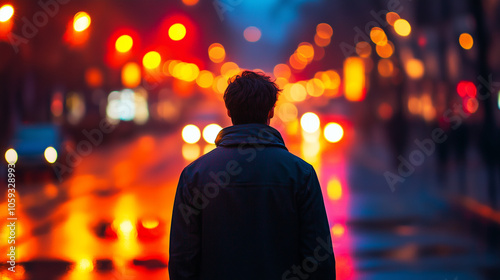 Man standing on vibrant city street at night with colorful lights