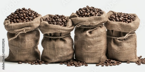 Three full burlap coffee bags with raw coffee beans spilling out onto a white background. Agricultural commodity with international trade implications. photo