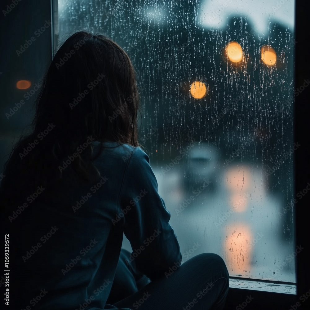 Woman gazing out rain-covered window on a gloomy evening Woman gazing out rain-covered window on a gloomy evening